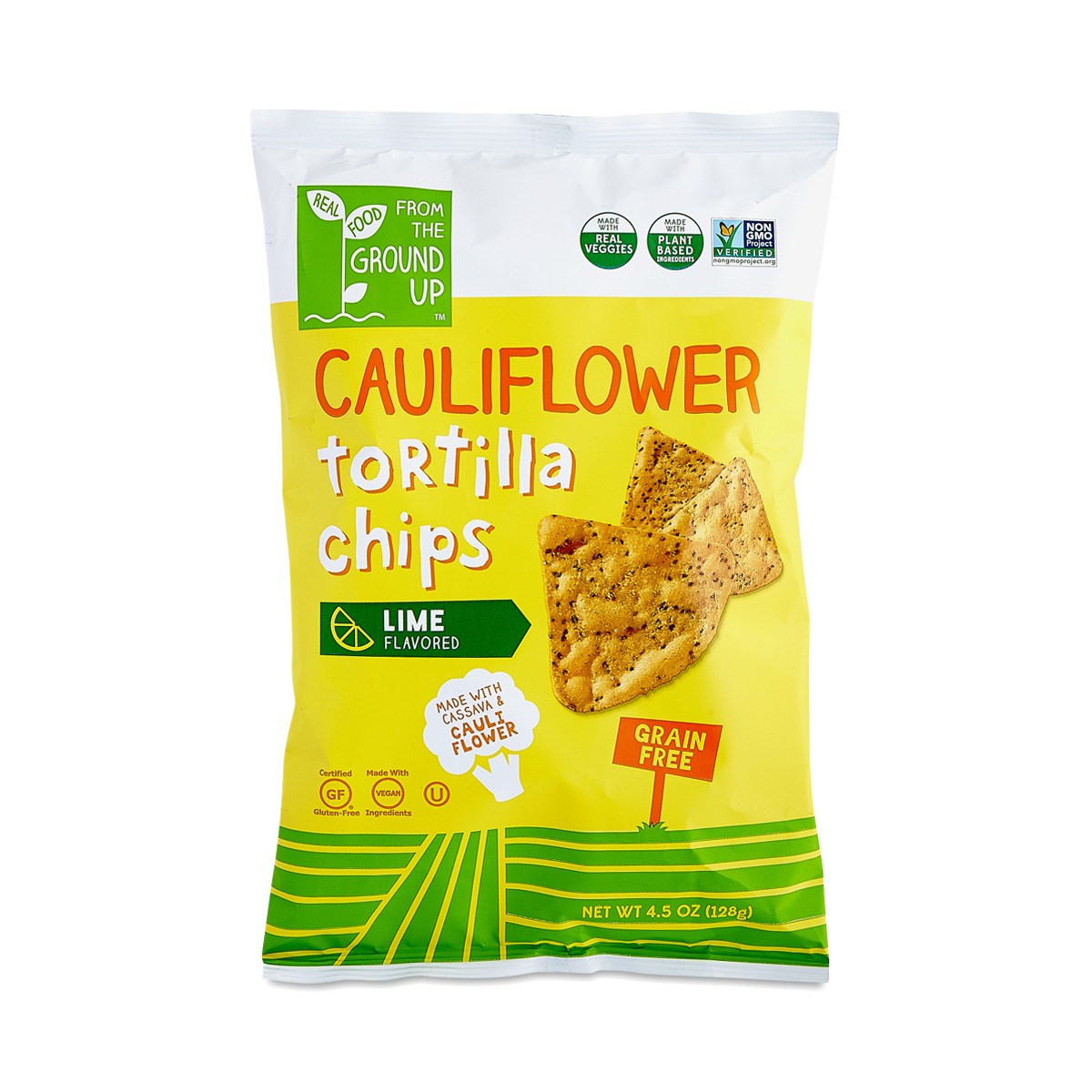CAULIFLOWER TORTILLA CHIPS, LIME FLAVOR  4.5 OZ