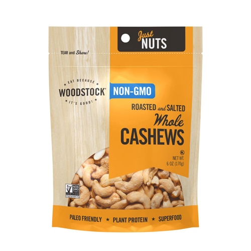 WOODSTOCK - CASHEWS, WHOLE, ROASTED & SALTED 6OZ